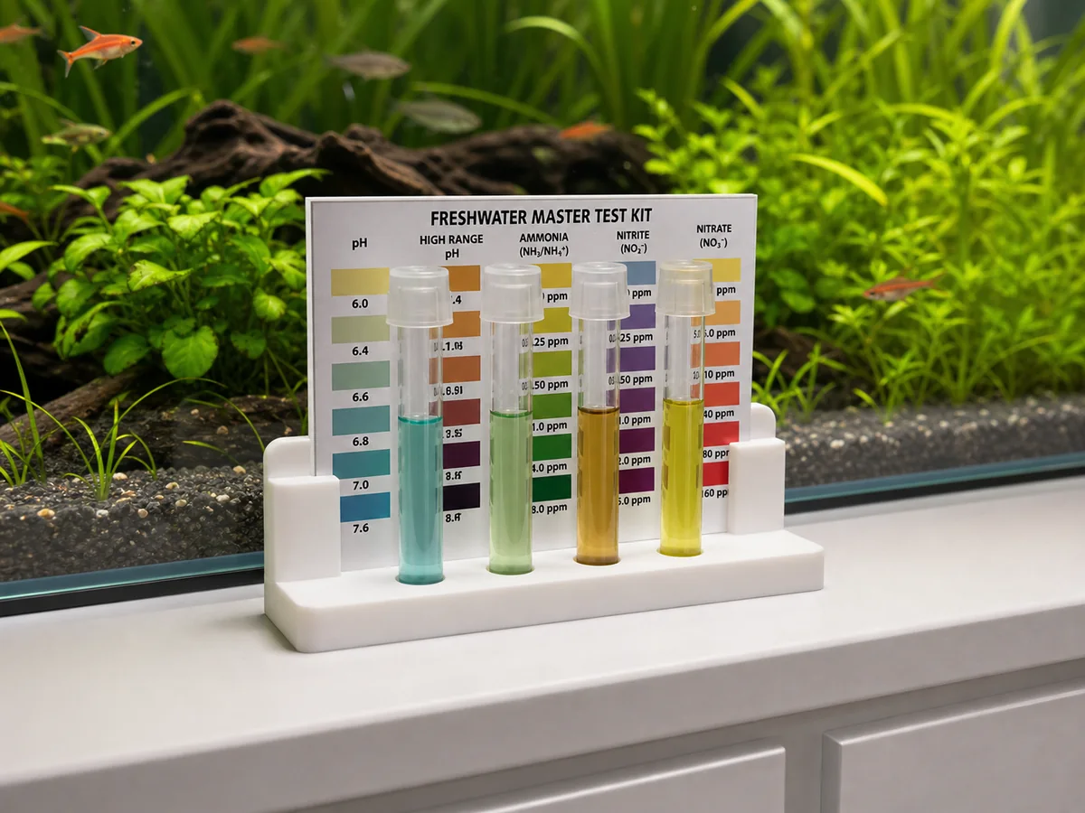 Aquarium testing holder in a freshwater aquarium setting