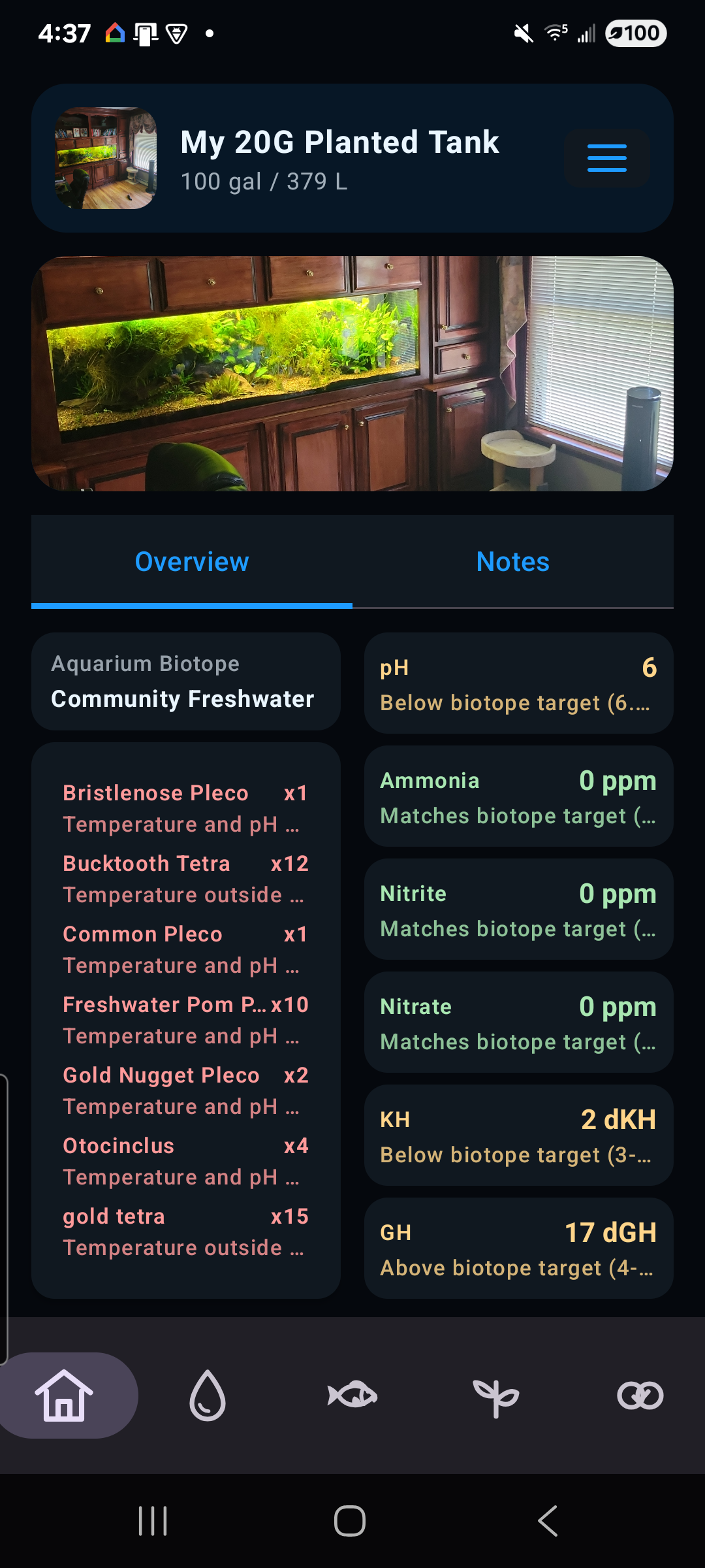 Real TankWise Android aquarium overview showing a saved freshwater tank, water readings and livestock context